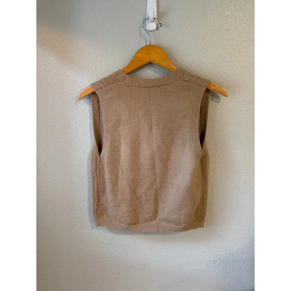 Sweater Vest Womens Medi Tan Floral Embroidered Tie Front Pointelle Spring - Picture 3 of 7